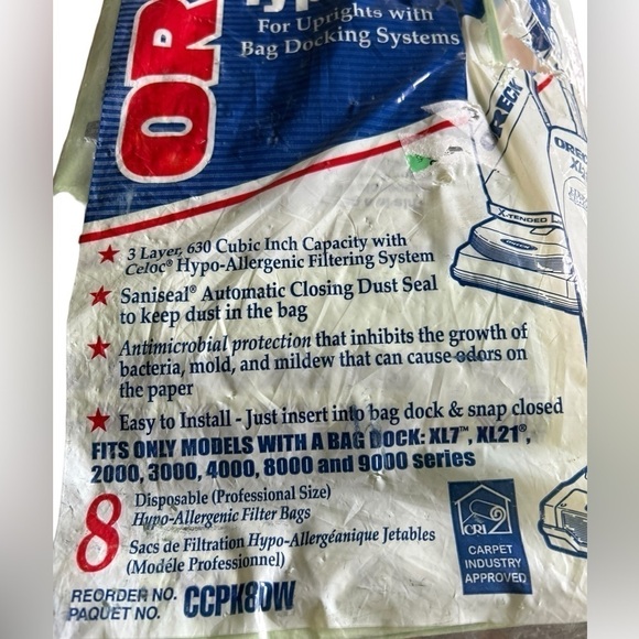 Oreck Type CC Upright Vacuum Cleaner Bags Hypo Allergenic 8 Count New In Bag - Picture 2 of 4
